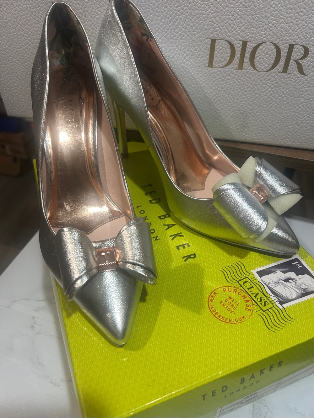 Ted Baker Metallic Silver Pointed-Toe Bow Heels